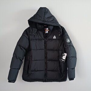 New Reebok Men's Black Puffer Jacket removable hood Size Large